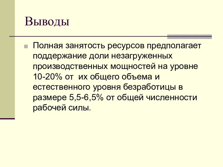 Выводы Полная занятость ресурсов предполагает поддержание доли незагруженных производственных мощностей