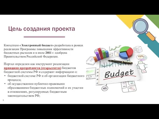 Цель создания проекта Концепция «Электронный бюджет» разработана в рамках реализации