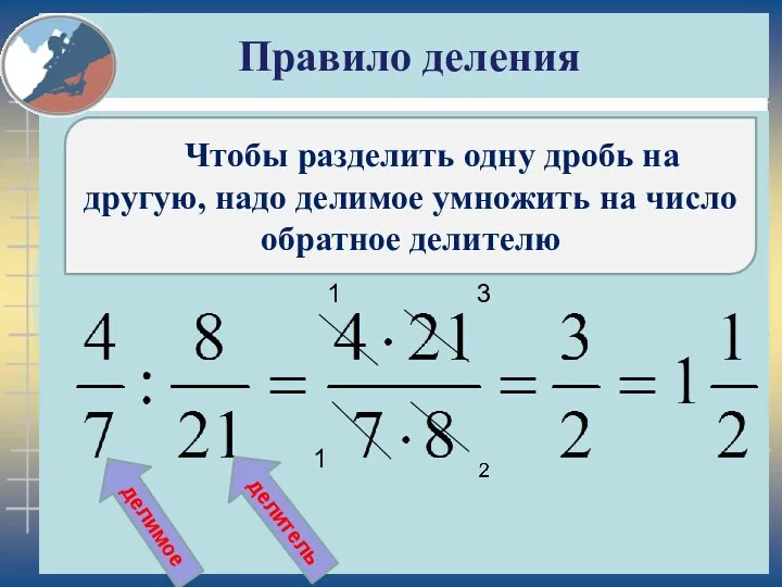 Правило деления Чтобы разделить одну дробь на другую, надо делимое