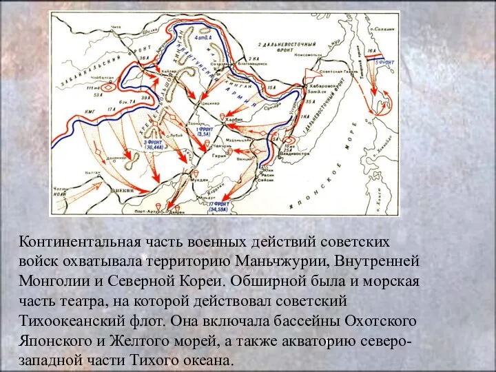 Континентальная часть военных действий советских войск охватывала территорию Маньчжурии, Внутренней