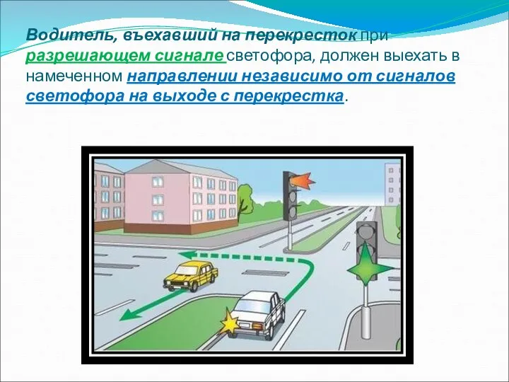 Водитель, въехавший на перекресток при разрешающем сигнале светофора, должен выехать