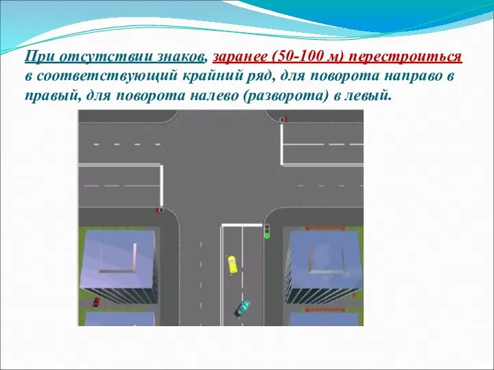 При отсутствии знаков, заранее (50-100 м) перестроиться в соответствующий крайний