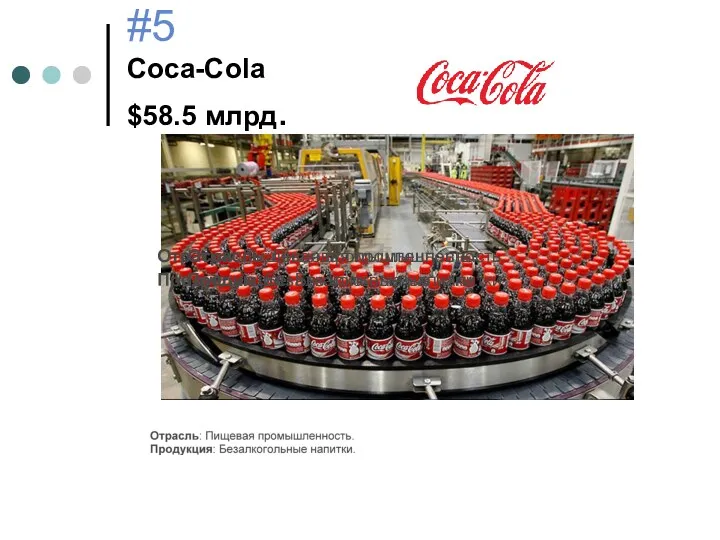 #5 Coca-Cola $58.5 млрд. Отрасль: Пищевая промышленность. Продукция: Безалкогольные напитки. Отрасль: Пищевая промышленность. Продукция: Безалкогольные напитки.