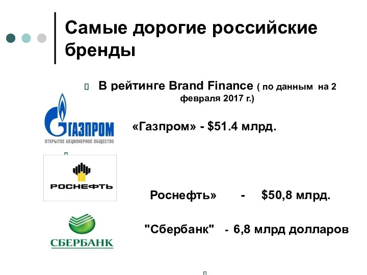 Самые дорогие российские бренды В рейтинге Brand Finance ( по данным на 2