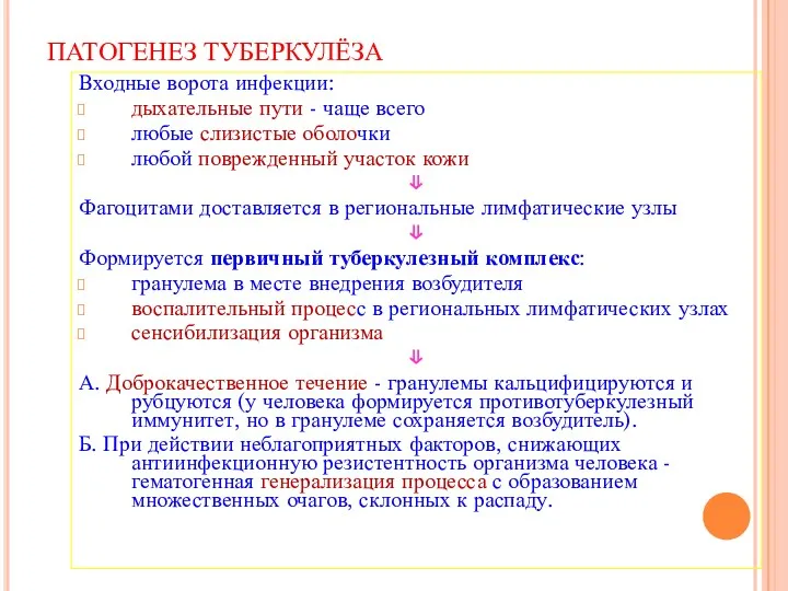 ПАТОГЕНЕЗ ТУБЕРКУЛЁЗА Входные ворота инфекции: дыхательные пути - чаще всего