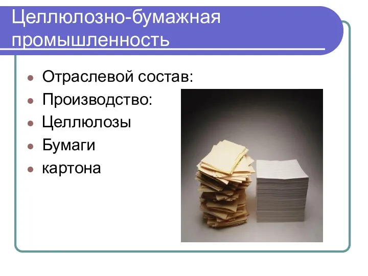 Целлюлозно-бумажная промышленность Отраслевой состав: Производство: Целлюлозы Бумаги картона