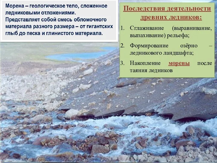 Последствия деятельности древних ледников: Сглаживание (выравнивание, выпахивание) рельефа; Формирование озёрно