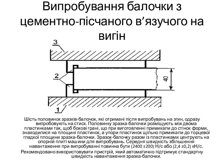 Випробування балочки з цементно-пісчаного в’язучого на вигін Шість половинок зразків-балочок,