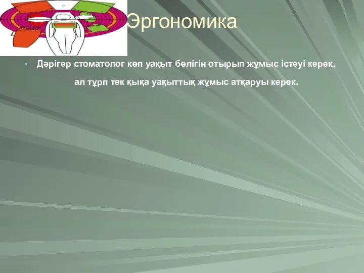 Эргономика Дәрігер стоматолог көп уақыт бөлігін отырып жұмыс істеуі керек,