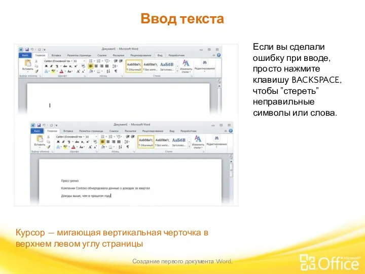 Ввод текста Создание первого документа Word, Если вы сделали ошибку