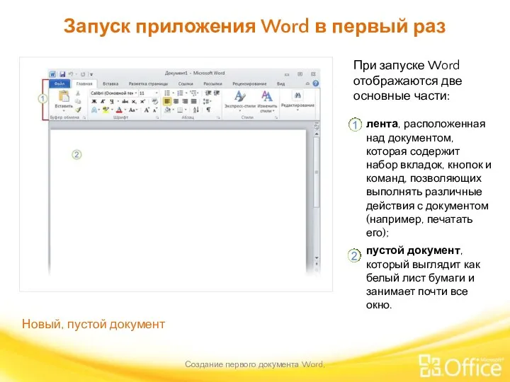 Запуск приложения Word в первый раз Создание первого документа Word,