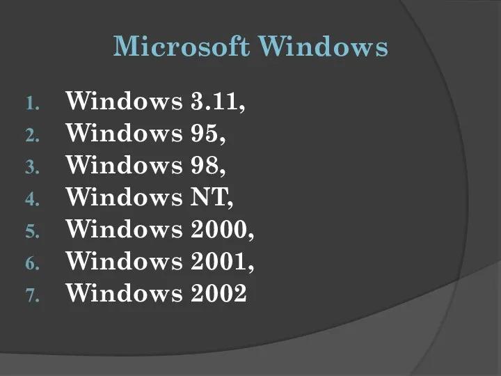 Microsoft Windows Windows 3.11, Windows 95, Windows 98, Windows NT, Windows 2000, Windows 2001, Windows 2002