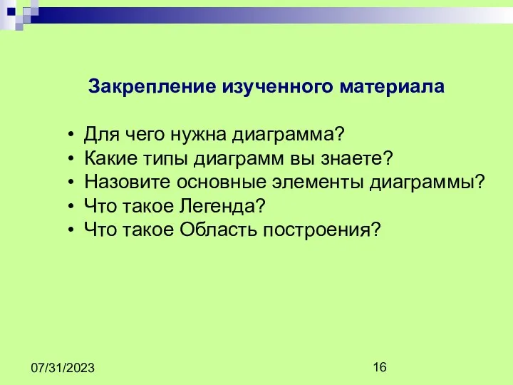 07/31/2023 Закрепление изученного материала Для чего нужна диаграмма? Какие типы