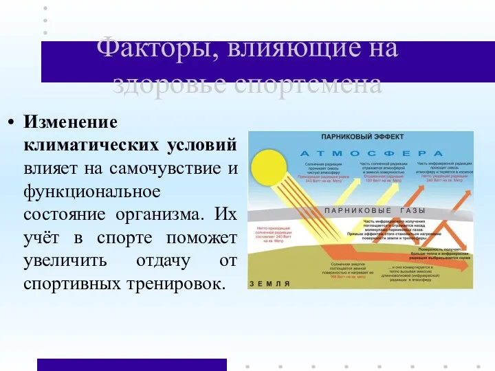 Факторы, влияющие на здоровье спортсмена Изменение климатических условий влияет на