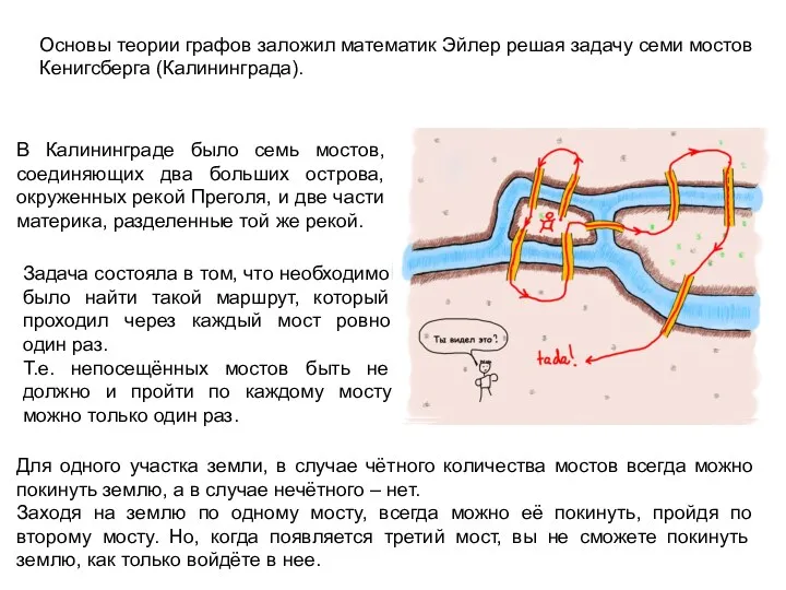 Основы теории графов заложил математик Эйлер решая задачу семи мостов