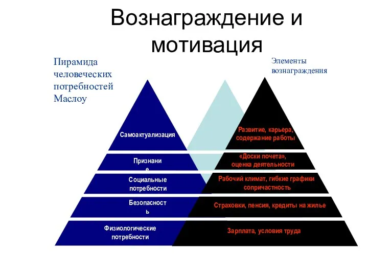 Вознаграждение и мотивация Самоактуализация Признание Социальные потребности Безопасность Физиологические потребности