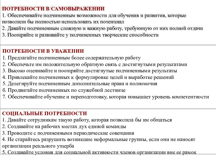 ПОТРЕБНОСТИ В САМОВЫРАЖЕНИИ 1. Обеспечивайте подчиненным возможности для обучения и