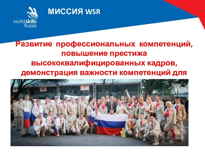 МИССИЯ WSR Развитие профессиональных компетенций, повышение престижа высококвалифицированных кадров, демонстрация