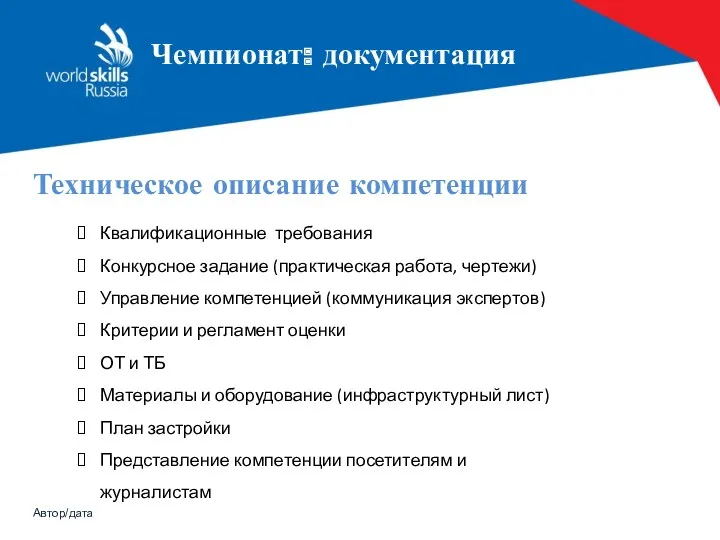 Автор/дата Техническое описание компетенции Квалификационные требования Конкурсное задание (практическая работа,