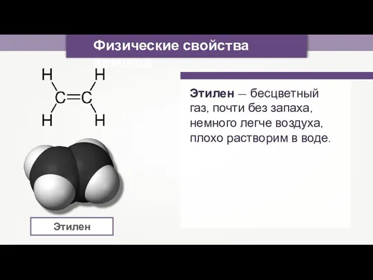 Физические свойства алкенов Этилен — бесцветный газ, почти без запаха,