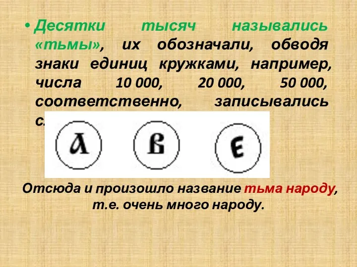 Десятки тысяч назывались «тьмы», их обозначали, обводя знаки единиц кружками,