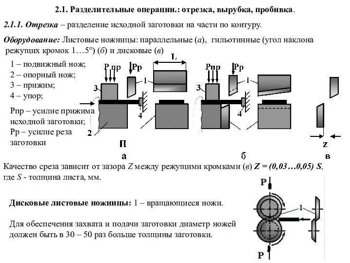 2.1. Разделительные операции.: отрезка, вырубка, пробивка. 2.1.1. Отрезка – разделение