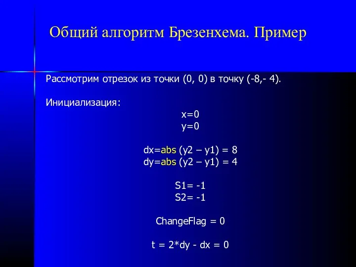 Общий алгоритм Брезенхема. Пример Рассмотрим отрезок из точки (0, 0)