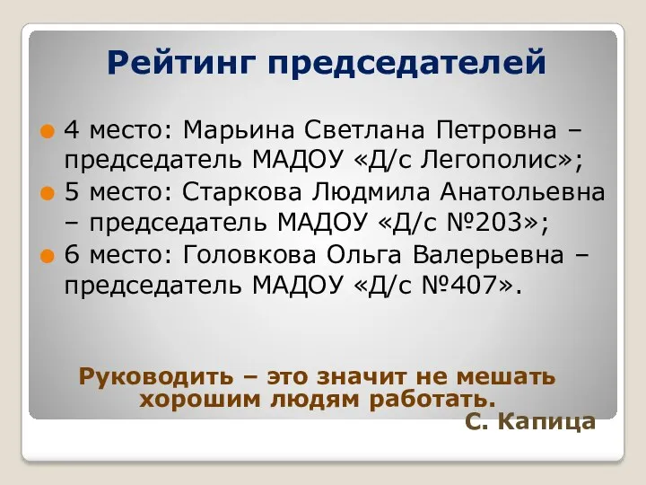 Рейтинг председателей 4 место: Марьина Светлана Петровна – председатель МАДОУ