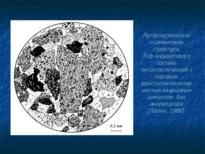 Литокластическая псаммитовая структура. Туф андезитового состава литокластический с поровым кристаллическизернистым кварцевым цементом. Без анализатора (Лапин, 1988).