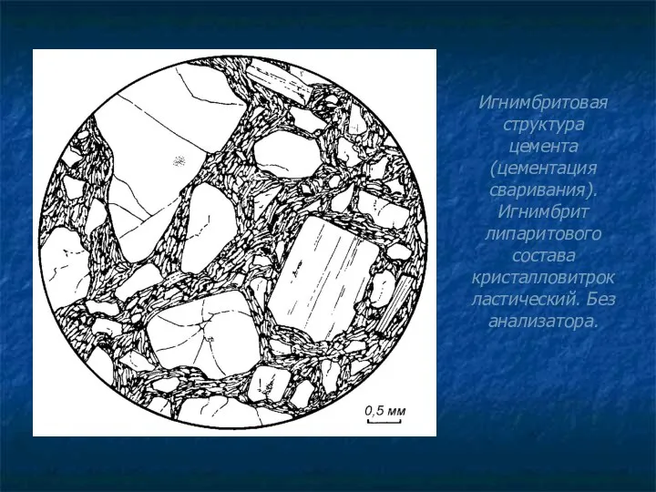 Игнимбритовая структура цемента (цементация сваривания). Игнимбрит липаритового состава кристалловитрокластический. Без анализатора.