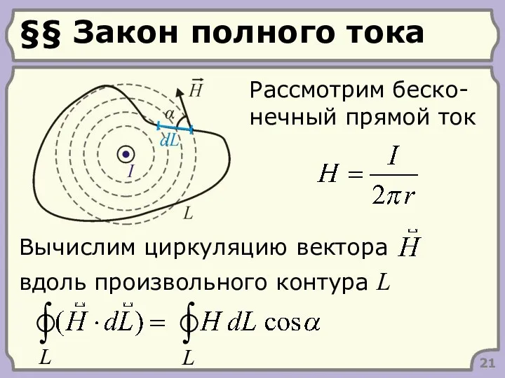 §§ Закон полного тока Рассмотрим беско-нечный прямой ток 21