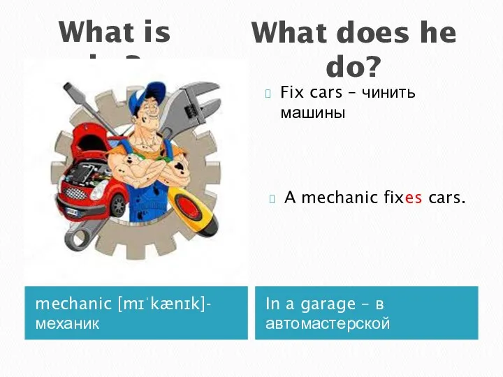 What is he? mechanic [mɪˈkænɪk]- механик In a garage –