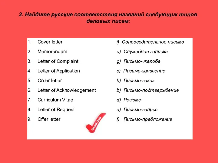 2. Найдите русские соответствия названий следующих типов деловых писем: Cover