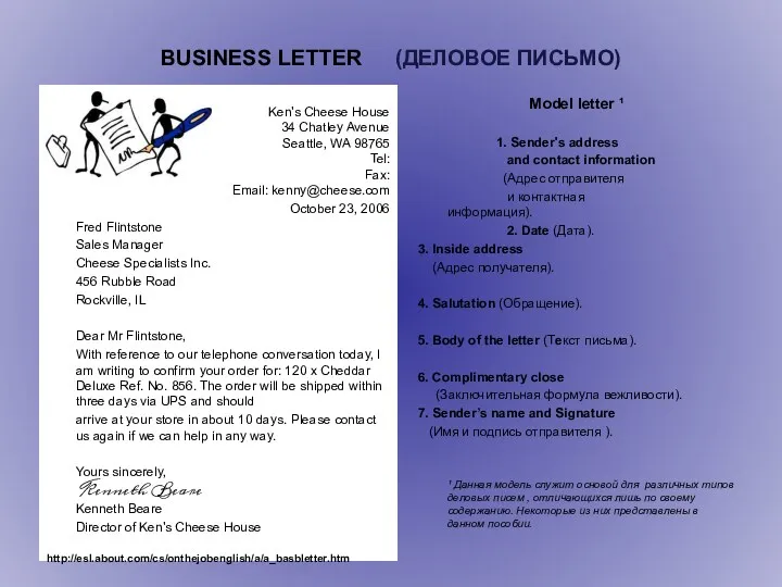 BUSINESS LETTER (ДЕЛОВОЕ ПИСЬМО) Ken's Cheese House 34 Chatley Avenue