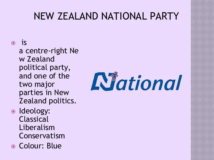 NEW ZEALAND NATIONAL PARTY is a centre-right New Zealand political