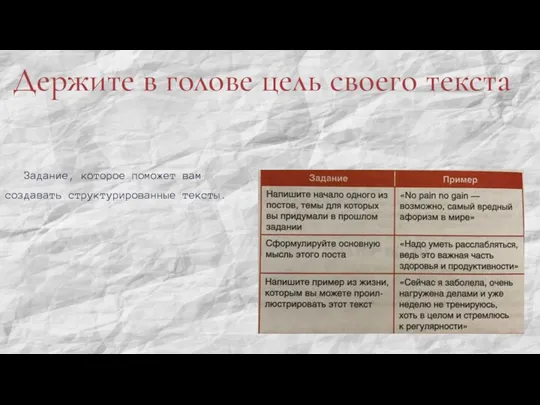 Держите в голове цель своего текста Задание, которое поможет вам создавать структурированные тексты.