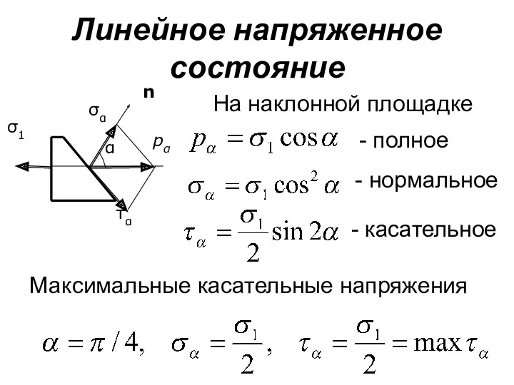 Линейное напряженное состояние На наклонной площадке pα - полное - нормальное - касательное Максимальные касательные напряжения