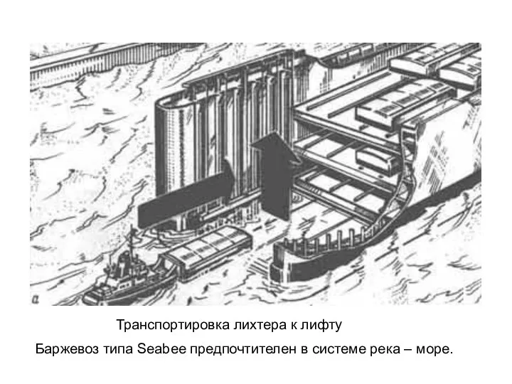 Баржевоз типа Seabee предпочтителен в системе река – море. Транспортировка лихтера к лифту