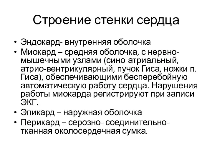 Строение стенки сердца Эндокард- внутренняя оболочка Миокард – средняя оболочка,