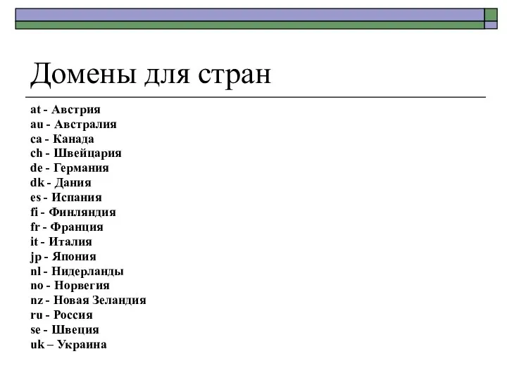 Домены для стран at - Австрия au - Австралия ca