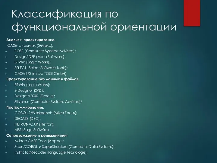 Классификация по функциональной ориентации Анализ и проектирование. CASE- аналитик (Эйтекс);