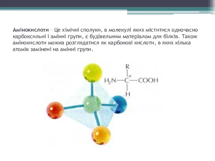 Амінокислоти – Це хімічні сполуки, в молекулі яких міститися одночасно
