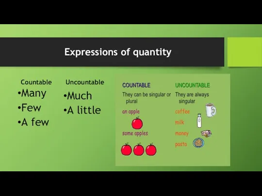 Expressions of quantity Countable Many Few A few Uncountable Much A little