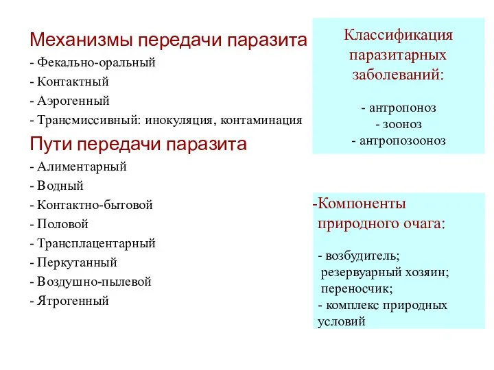 Механизмы передачи паразита - Фекально-оральный - Контактный - Аэрогенный -