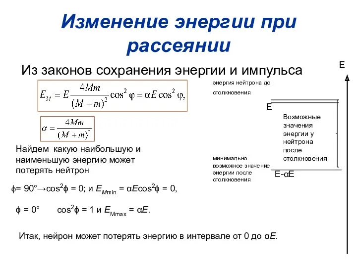 Изменение энергии при рассеянии Из законов сохранения энергии и импульса