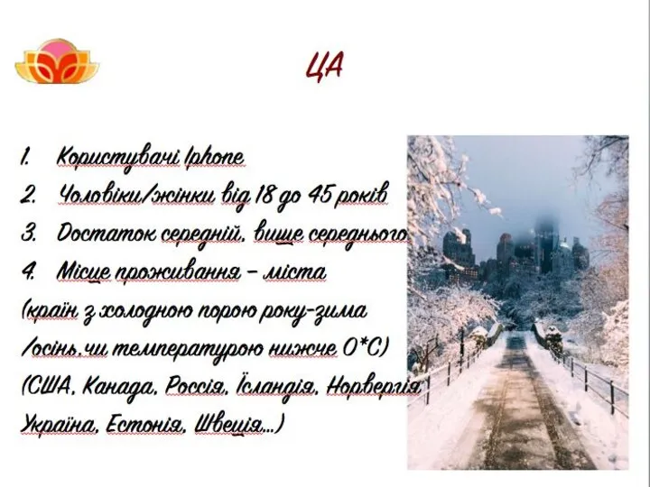 ЦА Користувачі Iphone Чоловіки/жінки від 18 до 45 років Достаток