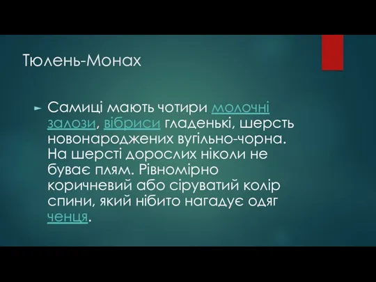 Тюлень-Монах Самиці мають чотири молочні залози, вібриси гладенькі, шерсть новонароджених