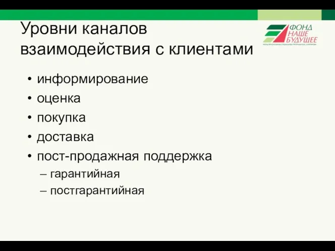 Уровни каналов взаимодействия с клиентами информирование оценка покупка доставка пост-продажная поддержка гарантийная постгарантийная