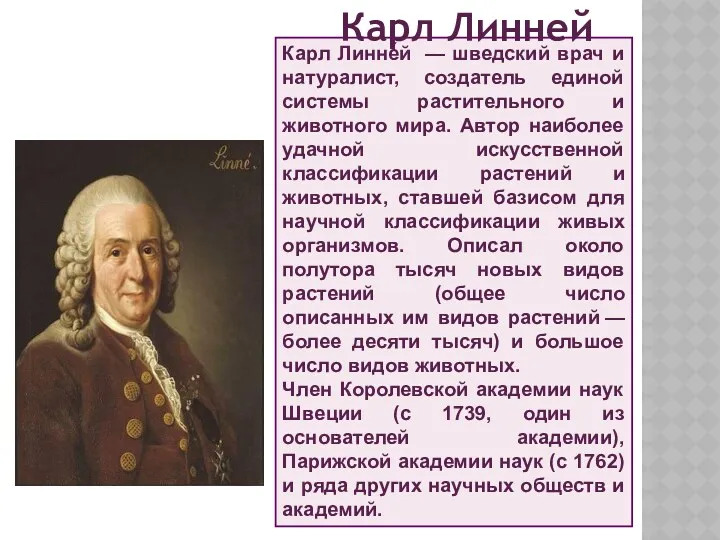 Карл Линне́й — шведский врач и натуралист, создатель единой системы