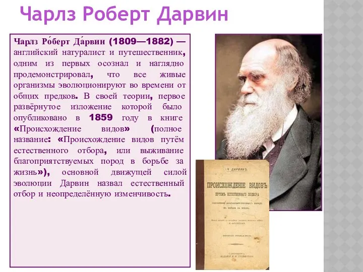 Чарлз Ро́берт Да́рвин (1809—1882) — английский натуралист и путешественник, одним